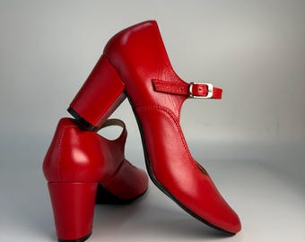 Handmade Red Mary Jane Heels, Womens Leather Folk Dance Shoes, Custom 6 cm Swing Dance Shoes