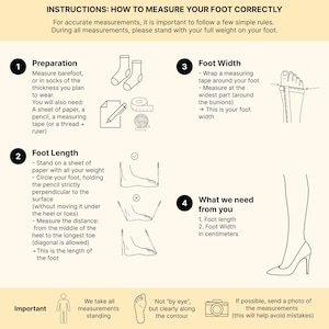 Puede incluir: Una infograf&iacute;a instructiva titulada INSTRUCTIONS: HOW TO MEASURE YOUR FOOT CORRECTLY. Contiene cuatro pasos numerados con dibujos de l&iacute;neas negras de calcetines, papel, l&aacute;piz, cinta m&eacute;trica y pies para medir la longitud y el ancho del pie.