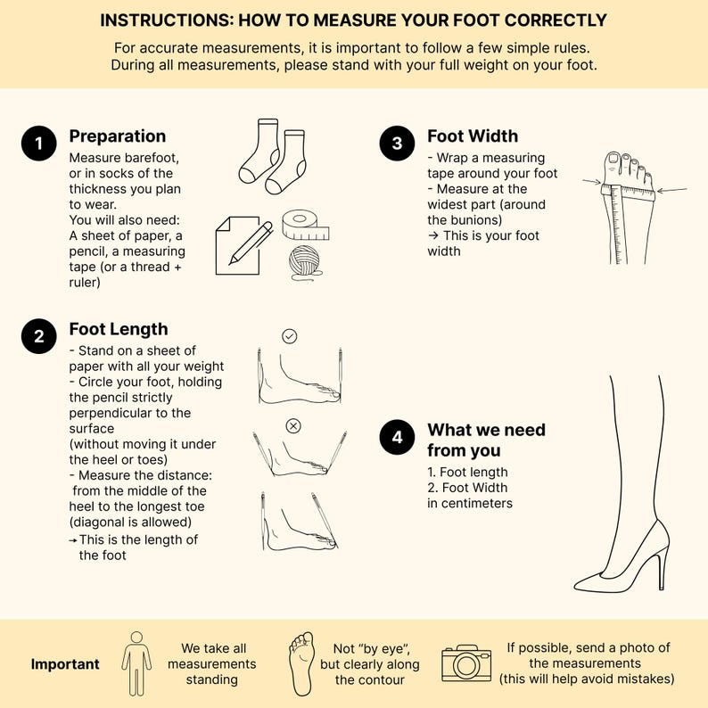 Puede incluir: Una infograf&iacute;a instructiva titulada INSTRUCTIONS: HOW TO MEASURE YOUR FOOT CORRECTLY. Contiene cuatro pasos numerados con dibujos de l&iacute;neas negras de calcetines, papel, l&aacute;piz, cinta m&eacute;trica y pies para medir la longitud y el ancho del pie.