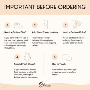 Puede incluir: Un gr&aacute;fico informativo titulado IMPORTANT BEFORE ORDERING con cinco pasos numerados. Los iconos incluyen una cinta m&eacute;trica, un tel&eacute;fono, muestras de color, un contorno de pie y globos de texto. El texto proporciona instrucciones sobre tallas y colores.