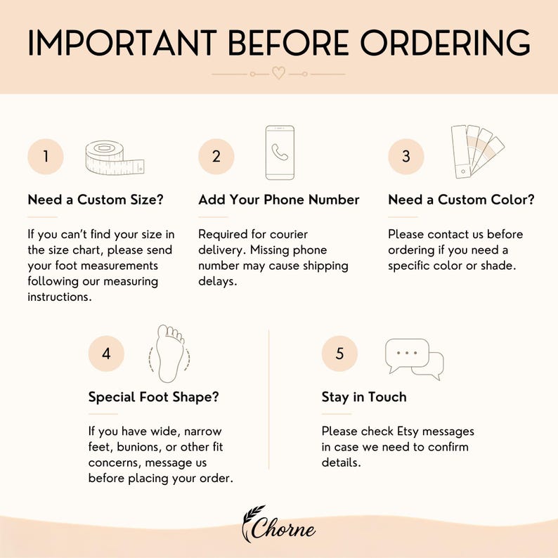 Puede incluir: Un gr&aacute;fico informativo titulado IMPORTANT BEFORE ORDERING con cinco pasos numerados. Los iconos incluyen una cinta m&eacute;trica, un tel&eacute;fono, muestras de color, un contorno de pie y globos de texto. El texto proporciona instrucciones sobre tallas y colores.