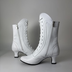 Botines de piel para mujer con cordones, estilo vintage, hechos a mano, botas de piel personalizadas para mujer, botines blancos y negros con tacón de 6 cm.