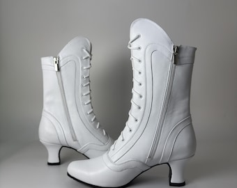 Women Leather Ankle Boots Lace Up, Handmade Vintage Style Boots, Custom Leather Boots Women, White Black Ankle Boots Heel height 6 cm