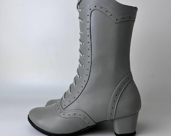 Botines de cuero gris para mujer, botines vintage hechos a mano con cordones, zapatos de cuero personalizados de estilo victoriano.