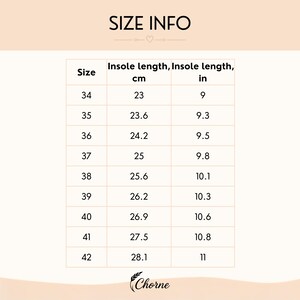May include: A size chart titled SIZE INFO with a table listing shoe sizes from 34 to 42. The table provides corresponding insole lengths in centimeters and inches, ranging from 23 cm to 28.1 cm and 9 inches to 11 inches. The brand name Chorne is at the bottom.