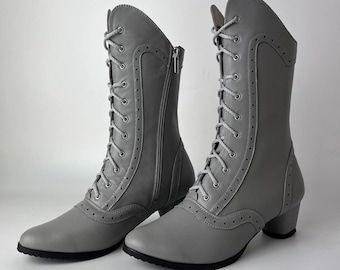 Botines de cuero gris para mujer, botines vintage hechos a mano con cordones, zapatos personalizados de estilo victoriano para el día a día.