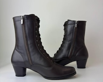 Botas de cuero negro para mujer, botas victorianas con cordones hechas a mano, botines de cuero personalizados, zapatos vintage cómodos.
