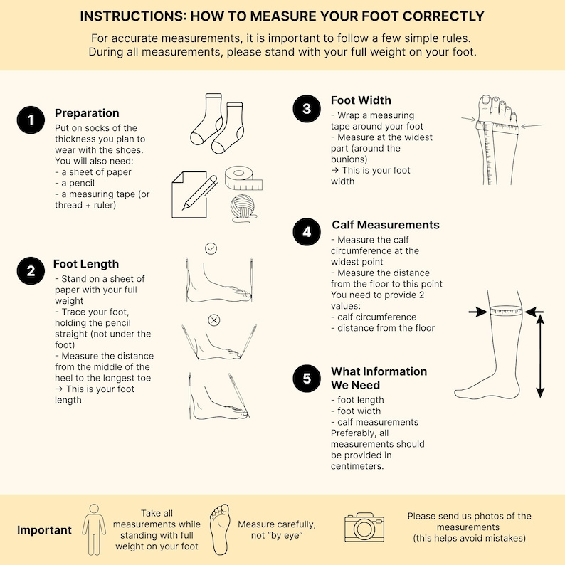 May include: Illustrated guide with instructions on how to measure your foot correctly. Includes steps for foot length, width, and calf measurements. Text advises to stand with full weight and provide measurements in centimeters.