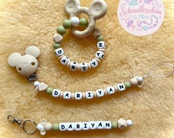 Baby set: Handmade pacifier chain, personalized grasping toy, baby gift