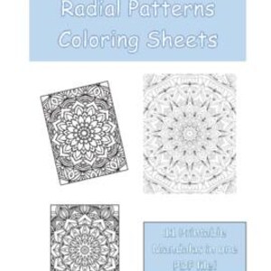 Pode incluir: Uma coleção de folhas de colorir com padrões radiais em preto e branco. A imagem inclui três desenhos de mandala e o texto "Radial Patterns Coloring Sheets" e "11 Mandalas imprimíveis em um arquivo PDF!"