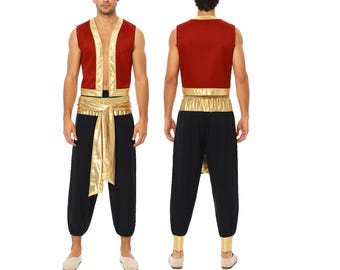Men's Arabian Costume Set: Golden Trim Vest and Harem Pants