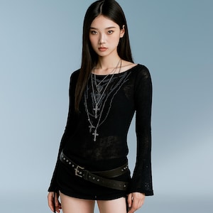 Woman Gothic Sheer Long Sleeve Top - Black Clubwear Mesh Shirt - Grunge Halloween Costume - See Through Y2K Shirt - Aesthetic Steampunk Tee