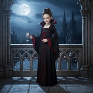 Vampir-Kostüm Für Mädchen – Gothic-Look Mit Stehkragen & Halsband, In Gr. 110–140 Cm, Perfekt Für Halloween & Karneval