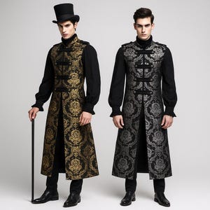May include: Two long, ornate vests with a black and gold and a black and silver brocade pattern. The vests are worn over black shirts with ruffled cuffs. One person holds a black cane and wears a black top hat.