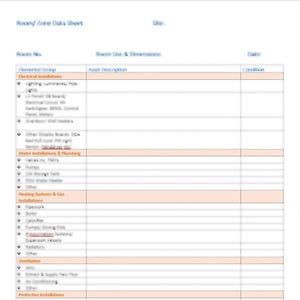 Op de afbeelding: Een wit document met de titel "Room/ Zone Data Sheet" met een tabel met elektrische, water-, verwarmings-, ventilatie- en beschermingsinstallaties. De tabel bevat kolommen voor activabeschrijvingen en voorwaarden.