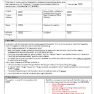 Può includere: Un modulo di Piano di Fase di Costruzione per piccoli lavori, con campi per i dettagli del progetto, le informazioni sul cliente e i dettagli dell'appaltatore. Il modulo include sezioni per i briefing del cliente e i dettagli del progetto.