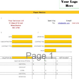 May include: A white document with a yellow header that says "Payer Notice". The document includes fields for information such as date, order number, and contract number. The text "Page 1" is visible.