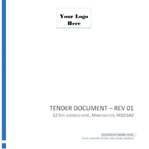 May include: A white document with a blue vertical stripe on the left side. The text "Your Logo Here" is in a green-bordered box. The document includes the text "TENDER DOCUMENT - REV 01" and an address.