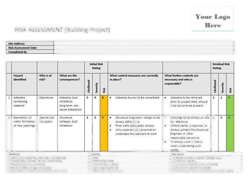 Risk Assessment Template/ Document for House Building Project or Other ...