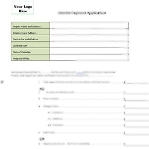 Puede incluir: Documento blanco con el título "Solicitud de pago de retención". Presenta una tabla con campos para los detalles del proyecto, incluyendo nombre, dirección, empleador, contratista, suma del contrato, fecha de valoración y número de factura de progreso. Un logotipo está en la esquina superior izquierda.
