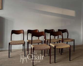 Sillas de comedor Niels Otto Møller Modelo 71, Jacaranda de palisandro, asiento de cuerda de papel tejida a mano, conjunto escandinavo danés de mediados de siglo.