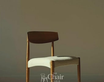 Mid Century Modern Wooden Chair | Upholstered Dining Chair | Minimalist Solid Wood Accent Chair for Living Room