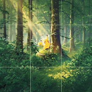 May include: A yellow Pikachu character with black-tipped ears and red cheeks stands on a tree stump in a dense, sunlit forest. Tall trees and lush green foliage surround the creature, with bright light rays filtering through the canopy above.
