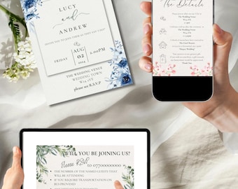 May include: Wedding invitation suite featuring a floral design in shades of blue. The suite includes a printed invitation, a details card displayed on a smartphone, and an RSVP card on a tablet. The invitation text includes the names "Lucy and Andrew" and wedding details.
