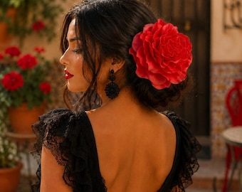 Spanish Rose Hair Clip, Large Red Flower for Flamenco, Sevilla Style Hair Accessory, Statement Floral Clip for Dance & Festivals