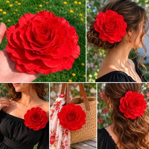 May include: A vibrant red flower accessory, resembling a camellia, is featured in multiple settings. The accessory is shown as a hair clip, a brooch, and attached to a bag. The flower has layered petals and a realistic design.