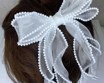 Brides Hair Accessory - White Bow with Beads Handcrafted for Wedding