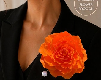 Orange Rose Brooch, Statement Flower Pin, Flamenco Hair Flower, Large Floral Brooch, Spanish Style Hair Clip, Wedding Guest Accessory