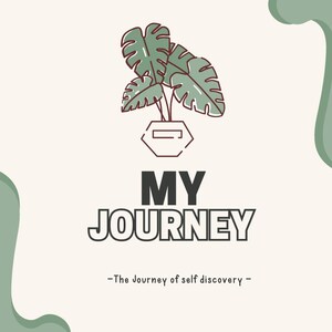 Może przedstawiać: Cyfrowa ilustracja z rośliną doniczkową i słowami "MY JOURNEY" pogrubioną czcionką. Poniżej tekst "-The Journey of self discovery-" na kremowym tle z zielonymi akcentami. Minimalistyczny design.