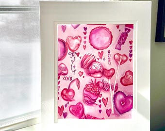 VALENTINES DAY wall ART handmade illustration with candy hearts, sweet pastries digital print with mat frame