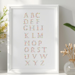 Può includere: Una stampa incorniciata con l'alfabeto, ogni lettera composta da composizioni floreali colorate. L'opera è ambientata su uno sfondo bianco, all'interno di una cornice bianca. Vasi decorativi con fiori e verde in primo piano.
