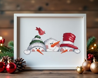 3 muñecos de nieve navideños (PDF) / Patrón de punto de cruz fácil para principiantes / Diseño de bordado invernal