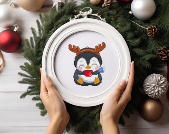 Patrón de punto de cruz de pingüino navideño / Lindo adorno navideño / Tarjeta de punto fácil en PDF / Descarga instantánea para principiantes