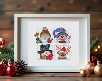 Juego de 4 patrones de punto de cruz navideños / Bonito adorno de muñeco de nieve / Diseño de tarjeta pequeña de Papá Noel / Invierno fácil para principiantes PDF Descarga instantánea
