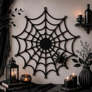 May include: A large, black, crocheted spider web wall hanging featuring a circular center and a small, attached black spider. The web is constructed from thick, knotted yarn and is secured at multiple points along its outer perimeter.