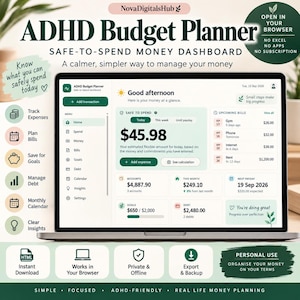 Könnte beinhalten: Ein Laptop-Bildschirm zeigt ein ADHD-Budgetplaner-Dashboard mit einer Benutzeroberfläche für sichere Ausgaben. Der Bildschirm zeigt Finanzdaten, einschließlich eines verfügbaren Betrags von 45,98 $, anstehende Rechnungen und Kontostände in einem grünen Design.