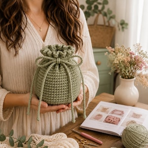 Puede incluir: Una bolsa de ganchillo color verde salvia con cierre de cordón, patrón de puntos texturizado y cordón a juego. La bolsa presenta una base redondeada y una abertura superior fruncida, mostrando una construcción textil hecha a mano.
