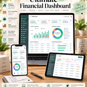 May include: A digital financial dashboard displayed on a laptop, tablet, and smartphone screen. The interface features charts, graphs, and lists for tracking income, expenses, and savings. Text includes Ultimate Financial Dashboard, Plan, Track, Save, Pay Off Debt, Grow, and Good Money Brighter Days. A pen and a notepad with the text Plan, Track, Save, Be Financially Free are present.