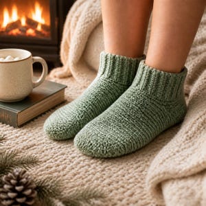 May include: A pair of sage green ankle-length knit socks featuring a ribbed cuff design. The socks are crafted with a textured stitch pattern and provide full foot coverage, extending just above the ankle bone for a secure fit.