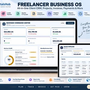 May include: A digital dashboard interface titled Freelancer Business OS displayed on a laptop and tablet screen. The software features modules for client CRM, projects, invoices, payments, and reports, with financial data and sales pipeline metrics.