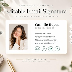 Peut inclure: Un modèle de signature électronique modifiable présentant une mise en page rectangulaire avec une photo portrait à gauche et les coordonnées de Camille Reyes à droite, incluant numéro de téléphone, e-mail, adresse, site web et icônes sociales.