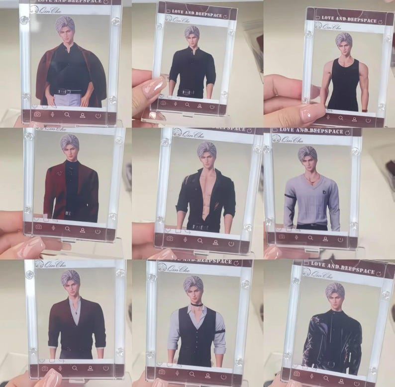 Puede incluir: Un conjunto de tarjetas fotogr&aacute;ficas de acr&iacute;lico transparente que muestran una figura masculina con diferentes atuendos. Cada tarjeta tiene un borde blanco con el texto "LOVE AND BEEPSPACE" y un peque&ntilde;o logotipo. Los atuendos incluyen una camisa negra, una blazer rojo y una chaqueta de cuero negra.