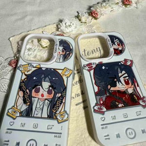 May include: Two white phone cases with anime-style character illustrations. The cases have a music player interface design at the bottom. One case has the text "tony" and "SO COOL". The illustrations feature characters with dark hair and red accents.
