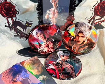 May include: A collection of anime-style merchandise featuring a male character with white hair. The items include circular buttons, a framed print, and a holographic card. The buttons and card have a glossy finish, and the color palette includes red, black, and white.