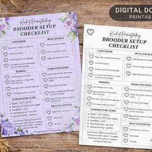 Può includere: Vengono visualizzate due liste di controllo intitolate "Brooder Setup". Una è lavanda con accenti floreali, l'altra è in bianco e nero. Le liste di controllo dettagliano i requisiti di contenitore, fonte di calore, lettiera, cibo, acqua, temperatura e forniture sanitarie.