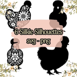May include: A digital design featuring six black Silkie chicken silhouettes. Two silhouettes are detailed with floral patterns, while the others are solid black. The text "6 Silkie Silhouettes svg-png" is displayed on a pink background.